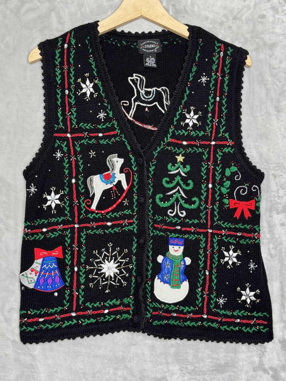 Designers Studio Originals Sweater Vest Womens Small Black Ugly Christmas Horse